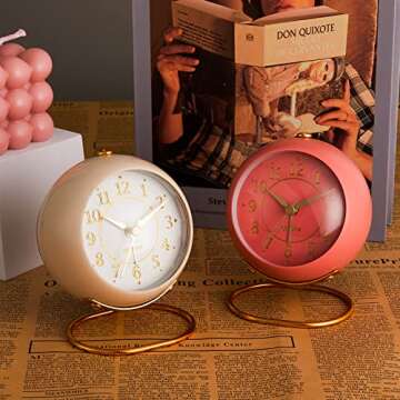 rjuwurv Metal Desk Alarm Clock, Retro Bedroom Table Vintage Analog Alarm Clock, Silent Non-Ticking Gold Alarm Clock, Bedside Décor(Sweet Pink)