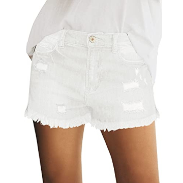 LookbookStore Women Summer Casual Lily White Mid Rise Ripped Denim Shorts
