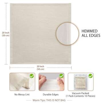 Olicity Cheesecloth Bulk, 10PCS, Grade 100, 20x20Inch Hemmed Cheese Cloths Fabric Reusable Fine Mesh Cloth,100% Cotton Unbleached Precut Muslin Bulk Cheesecloth Roll for Straining, Cooking, Yogurt