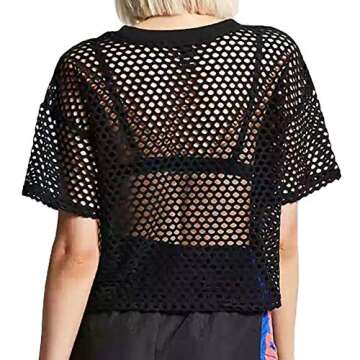CLOZOZ Women's Mesh Net See Through Fishnet T-Shirt Crop Top (XXXL, Black)