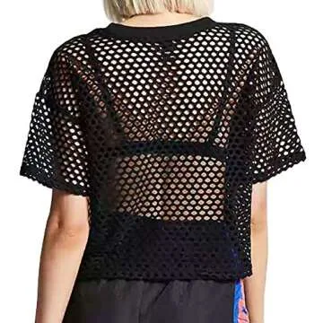CLOZOZ Women's Mesh Net See Through Fishnet T-Shirt Crop Top (XXXL, Black)