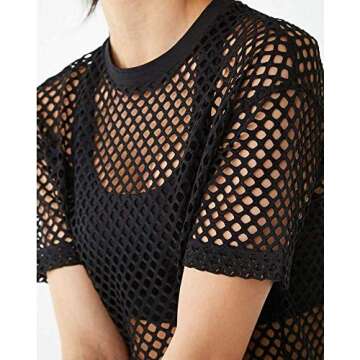 CLOZOZ Women's Mesh Net See Through Fishnet T-Shirt Crop Top (XXXL, Black)