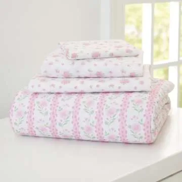 Delta Children 4 Piece Toddler Bedding Set for Girls - Reversible 2-in-1 Comforter - Includes Fitted Comforter to Keep Little Ones Snug, Bottom Sheet, Top Sheet, Pillow Case - Pink Floral