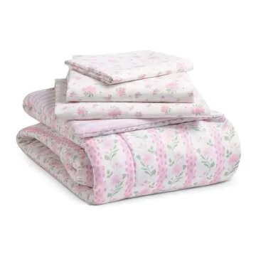 Delta Children 4 Piece Toddler Bedding Set for Girls - Reversible 2-in-1 Comforter - Includes Fitted Comforter to Keep Little Ones Snug, Bottom Sheet, Top Sheet, Pillow Case - Pink Floral