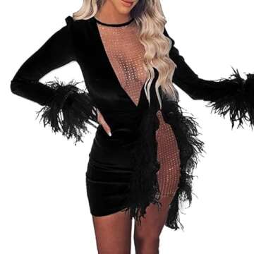 Nhicdns Women Sexy Club Dress Long Sleeve Deep V Neck Party Mini Dresses Feather Sequin Bodysuit Black Medium