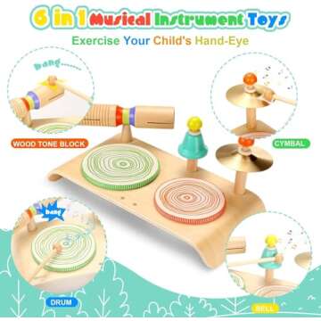 Wingyz Kids Drum Set, Baby Musical Instruments Toys for Toddlers , 6 in 1 Wooden Musical Table Top Drum Kit Play Set, Educational Percussion Drum Sensory Toys Montessori Toys for Kids