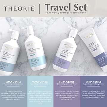 THEORIE PURE Travel Size Toiletries Set - Hypoallergenic Shampoo, Conditioner, Body Wash & Face Scrub - Fragrance-Free, No Sulfates or Parabens - Clean Beauty Essentials for Hair & Skin
