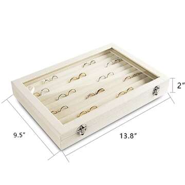Frebeauty Rings/Earrings Organizer Tray with Clear Lid 10 Slots Velvet Drawer Insert Jewelry Storage box with Glass lid Jewelry Display Case Showcase Gift for Girls Women (Beige, 10 Slots)