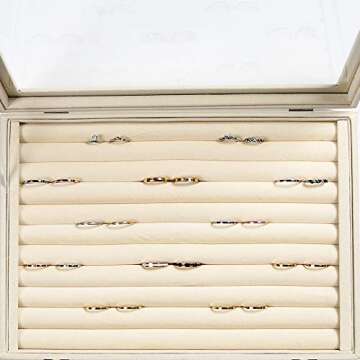 Frebeauty Rings/Earrings Organizer Tray with Clear Lid 10 Slots Velvet Drawer Insert Jewelry Storage box with Glass lid Jewelry Display Case Showcase Gift for Girls Women (Beige, 10 Slots)