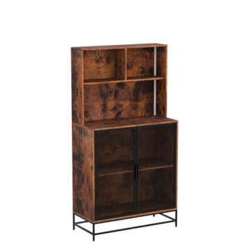 Auromie Wine Bar Cabinet with LED Lights, 4-Tier Coffee Bar Cabinets with Storage Shelves, Industrial Kitchen Storage Cabinet with Wine Rack, Freestanding Liquor Cabinet with Glass Holder, Rustic