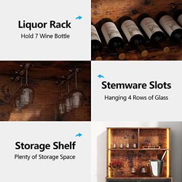 Auromie Wine Bar Cabinet with LED Lights, 4-Tier Coffee Bar Cabinets with Storage Shelves, Industrial Kitchen Storage Cabinet with Wine Rack, Freestanding Liquor Cabinet with Glass Holder, Rustic