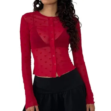 Chic Remidoo Women's Sheer Mesh Heart Print Long Sleeve Top Crop Blouse Red Large