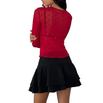 Stylish Remidoo Women's Sheer Mesh Heart Print Top