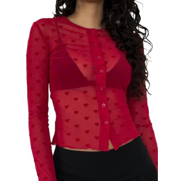 Stylish Remidoo Women's Sheer Mesh Heart Print Top