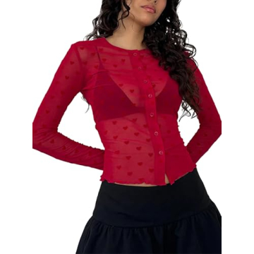Stylish Remidoo Women's Sheer Mesh Heart Print Top