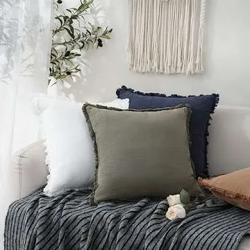 Foindtower Set of 2 Decorative Linen Fringe Throw Pillow Covers Cozy Boho Farmhouse Cushion Cover with Tassels Soft Accent Pillowcase for Couch Sofa Bed Living Room Home Decor, 26×26 Inch, Navy Blue