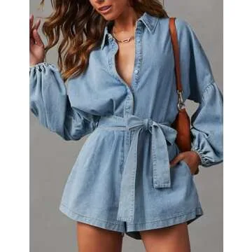 EZAPINE Women's Denim Romper Button Down Pockets V Neck Belted Washed Jean Jumpsuits Rompers