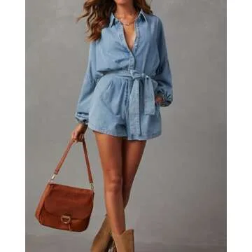 EZAPINE Women's Denim Romper Button Down Pockets V Neck Belted Washed Jean Jumpsuits Rompers