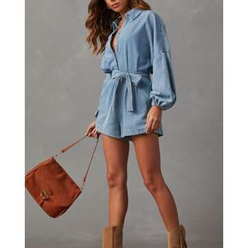 EZAPINE Women's Denim Romper Button Down Pockets V Neck Belted Washed Jean Jumpsuits Rompers
