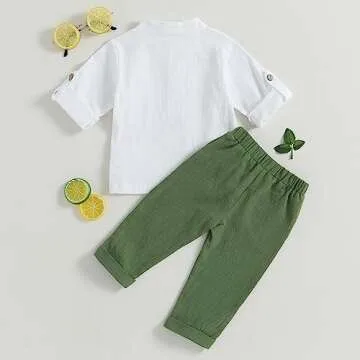 Karuedoo Toddler Baby Boy Clothes Cotton Linen Henley Shirts Button Down Long Sleeve Shirts Casual Pants Set (A-White Green, 2-3 Years)