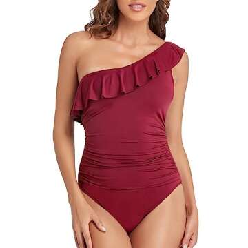 Hilor Swimsuits for Women Tummy Control Bathing Suits One Shoulder Slimming Swimwear Red 8