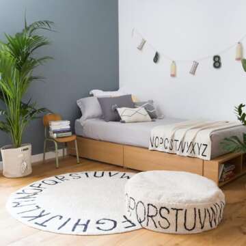 Lorena Canals - Washable Area Rug for kids room. Collection ABC in color Black and White - Handmade by artisans in Round shape and made in Natural Cotton and Non-Toxic Dyes - Size: 5' x 5'