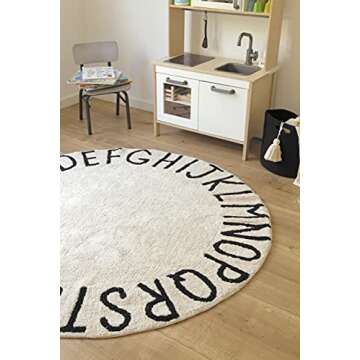Lorena Canals - Washable Area Rug for kids room. Collection ABC in color Black and White - Handmade by artisans in Round shape and made in Natural Cotton and Non-Toxic Dyes - Size: 5' x 5'