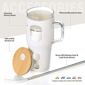 WINSA 32 oz Glass Tumbler with Lid and Straw,Glass Water Bottles with Handle,Glass Cup with Time Marker and Silicone Sleeve, Fits in Cup Holder BPA Free-White