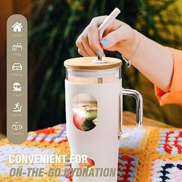 WINSA 32 oz Glass Tumbler with Lid and Straw,Glass Water Bottles with Handle,Glass Cup with Time Marker and Silicone Sleeve, Fits in Cup Holder BPA Free-White