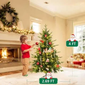 4 ft Pre Lit Artificial Christmas Tree with Lights, Fraser Fir Realistic PE PVC Branch Tips, Holiday Xmas Tree, Metal Stand Automatic Unfold Hinged Design, Easy Assembly for Home Party Decoration