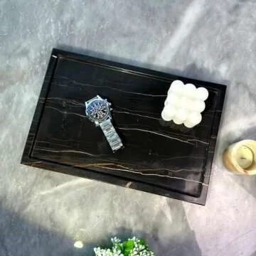 GHYFGD Natural Marble Vanity Tray Genuine Black Marble Stone Tray for Bathroom/Kitchen Countertop (Black Gold 12" x 8")