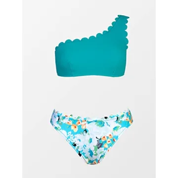 CUPSHE Women's Solid Wavy Edge One-Shoulder Bikini Set Rain of Petals