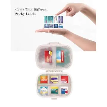 iouwei Pill Organizer with Medicine Labels Travel Daily Pill Container Mini Medication Organizer Storage Pill Organizer Travel Essentials Pill Case 7 Day Pill Organizer (Beige, 161 Lables)