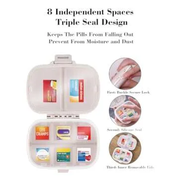 iouwei Pill Organizer with Medicine Labels Travel Daily Pill Container Mini Medication Organizer Storage Pill Organizer Travel Essentials Pill Case 7 Day Pill Organizer (Beige, 161 Lables)