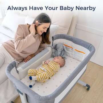 Papablic Baby Bassinet, Bedside Bassinet for Baby with Breathable Mesh & Soft Mattress, Adjustable Bassinet Bedside Sleeper with Wheels, Grey