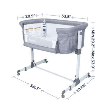 Papablic Baby Bassinet, Bedside Bassinet for Baby with Breathable Mesh & Soft Mattress, Adjustable Bassinet Bedside Sleeper with Wheels, Grey