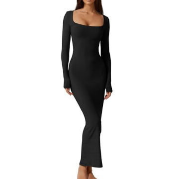 QINSEN Long Dresses for Women Sexy Square Neck Long Sleeve Bodycon Maxi Dress Black S