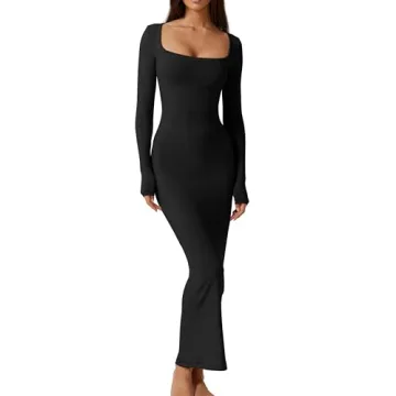 QINSEN Long Dresses for Women Sexy Square Neck Long Sleeve Bodycon Maxi Dress Black S