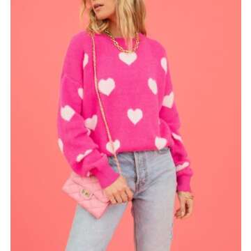 Women's Cute Heart Sweater Love Print Valentines Day Knitted Top Casual Crewneck Long Sleeve Sweaters Pullover(Rose Pink 77,M)