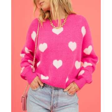 Women's Cute Heart Sweater Love Print Valentines Day Knitted Top Casual Crewneck Long Sleeve Sweaters Pullover(Rose Pink 77,M)