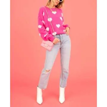 Women's Cute Heart Sweater Love Print Valentines Day Knitted Top Casual Crewneck Long Sleeve Sweaters Pullover(Rose Pink 77,M)