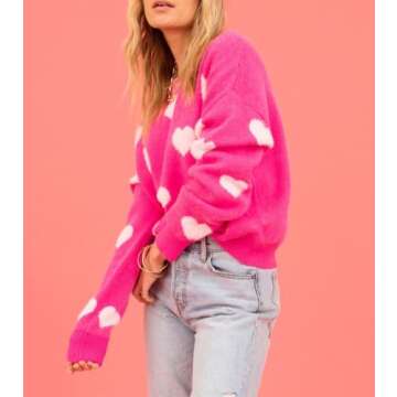 Women's Cute Heart Sweater Love Print Valentines Day Knitted Top Casual Crewneck Long Sleeve Sweaters Pullover(Rose Pink 77,M)