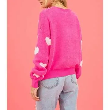 Women's Cute Heart Sweater Love Print Valentines Day Knitted Top Casual Crewneck Long Sleeve Sweaters Pullover(Rose Pink 77,M)