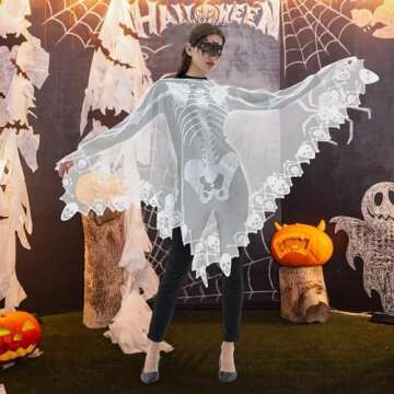 Kinhowly Women's Halloween Costumes, Halloween Skeleton Cape Poncho for Women Gifts,Includes Halloween Masquerade Mask (White)
