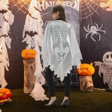Kinhowly Women's Halloween Costumes, Halloween Skeleton Cape Poncho for Women Gifts,Includes Halloween Masquerade Mask (White)