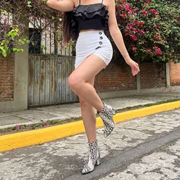 wetkiss Women Snakeskin Booties, Ankle Boots Slip on for Ladies, Snake Print Boots Chunky Block Mid Heels Fashion Shoes