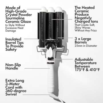 BONDIBOOST Wave Wand Hair Curling Iron Wand [25 mm], 1 Inch Ceramic Tourmaline Triple Extra Large Ba...