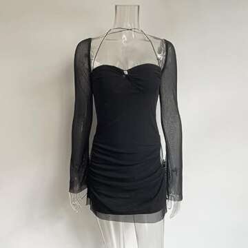 XLLAIS Women Long Puff Sleeve Mini Bodycon Mesh Dress Split Hem Clubwear Black Small