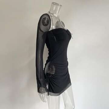 XLLAIS Women Long Puff Sleeve Mini Bodycon Mesh Dress Split Hem Clubwear Black Small