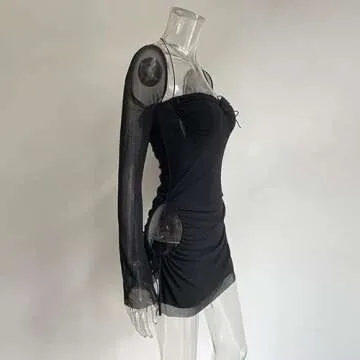 XLLAIS Women Long Puff Sleeve Mini Bodycon Mesh Dress Split Hem Clubwear Black Small